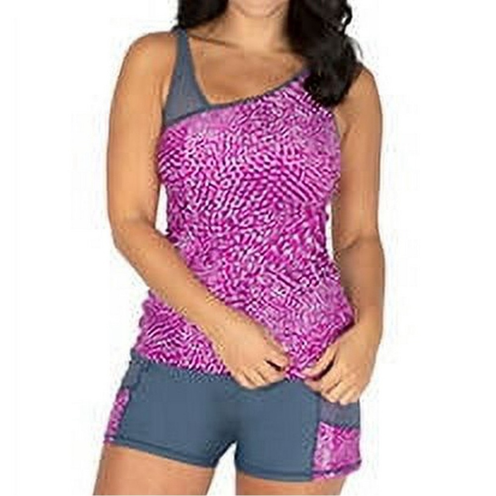 Free Country Women's Asymmetrical Mesh Shoulder Tankini & Swim Short Set